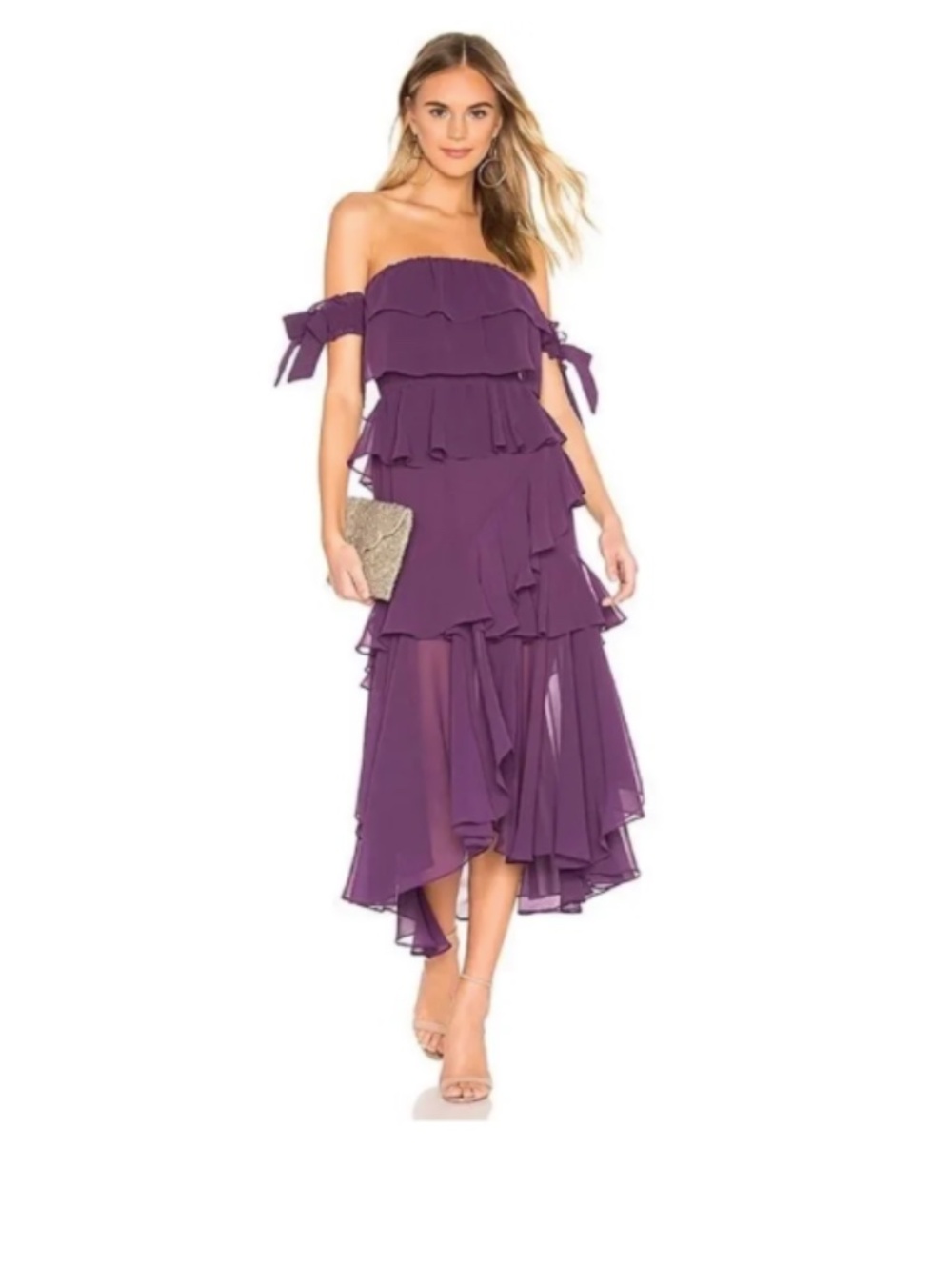 Misa Los Angeles Isadora Purple Off the Shoulder Ruffle Midi Dress